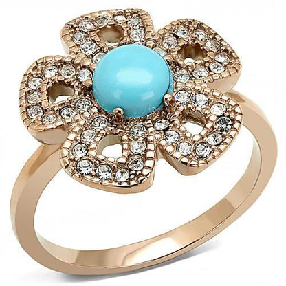 TK3201 - IP Rose Gold(Ion Plating) Stainless Steel Ring with Synthetic Turquoise in Sea Blue-0