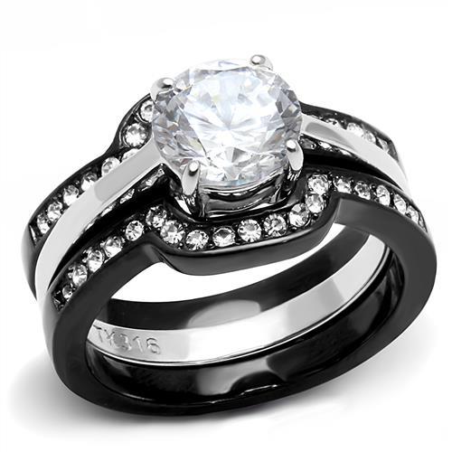 TK3214 - Two-Tone IP Black (Ion Plating) Stainless Steel Ring with AAA Grade CZ  in Clear-0
