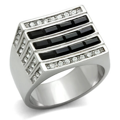 TK321 - High polished (no plating) Stainless Steel Ring with Top Grade Crystal  in Jet-0