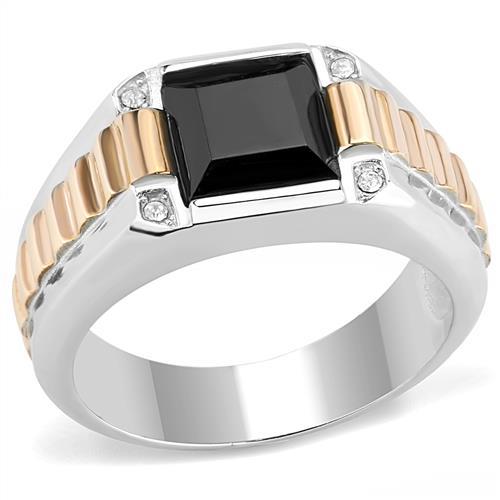 TK3227 - Two-Tone IP Rose Gold Stainless Steel Ring with Synthetic Onyx in Jet-0