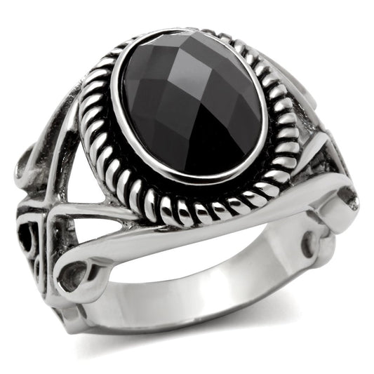 TK322 - High polished (no plating) Stainless Steel Ring with AAA Grade CZ  in Black Diamond-0