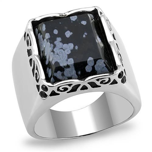 TK3230 - High polished (no plating) Stainless Steel Ring with Semi-Precious Snowflake Obsidian in Jet-0