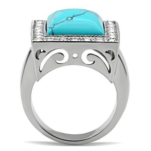 TK323 - High polished (no plating) Stainless Steel Ring with Synthetic Turquoise in Sea Blue-2