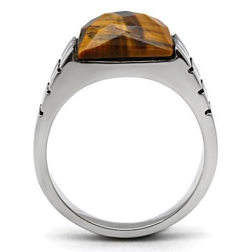 TK324 - High polished (no plating) Stainless Steel Ring with Semi-Precious Tiger Eye in Smoked Quartz-2