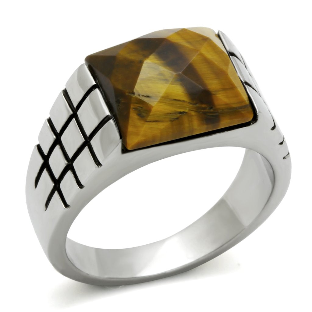 TK324 - High polished (no plating) Stainless Steel Ring with Semi-Precious Tiger Eye in Smoked Quartz-0