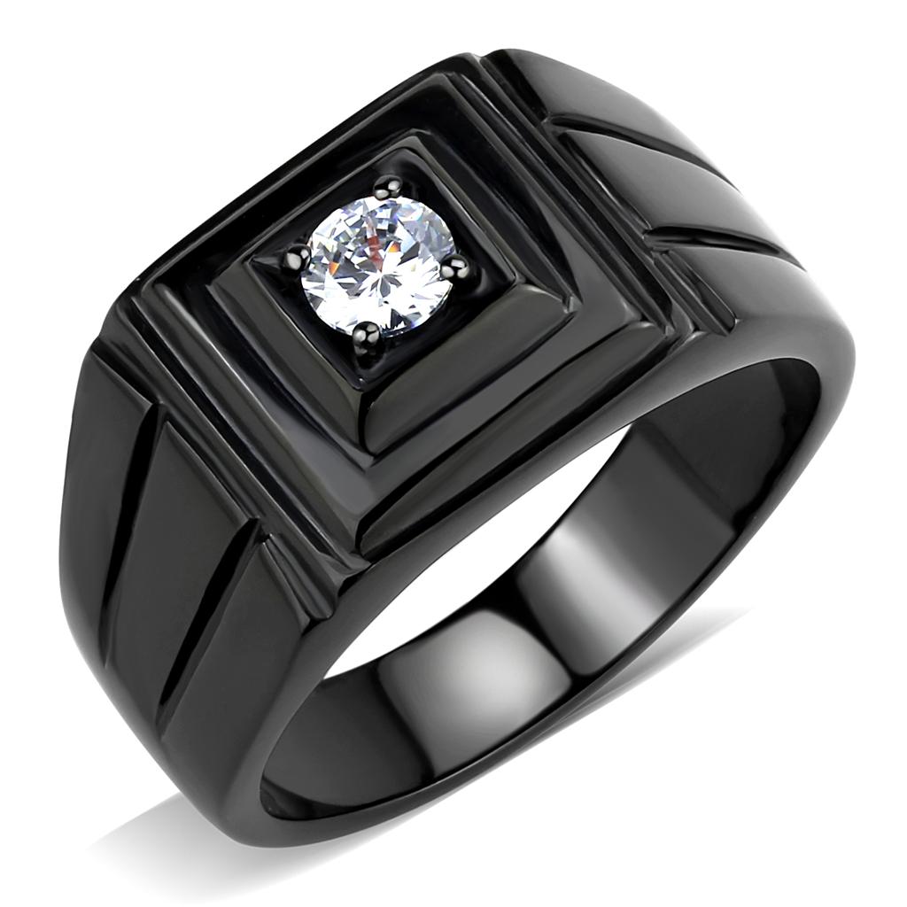 TK3466 - IP Black(Ion Plating) Stainless Steel Ring with AAA Grade CZ  in Clear-0