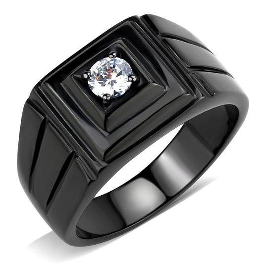 TK3466 - IP Black(Ion Plating) Stainless Steel Ring with AAA Grade CZ  in Clear-0
