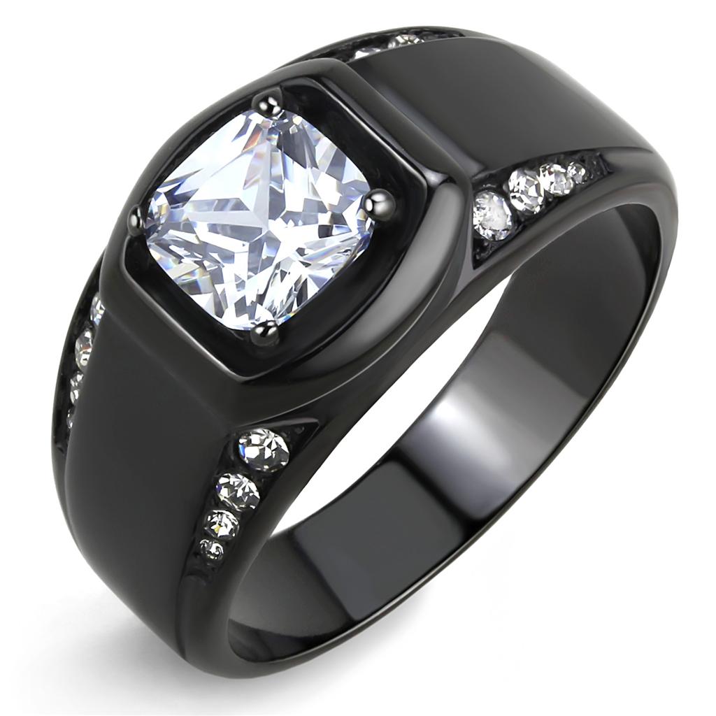 TK3467 - IP Black(Ion Plating) Stainless Steel Ring with AAA Grade CZ  in Clear-0
