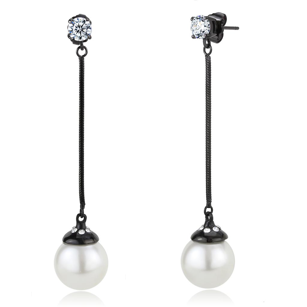 TK3471 - IP Black(Ion Plating) Stainless Steel Earrings with Synthetic Pearl in White-0