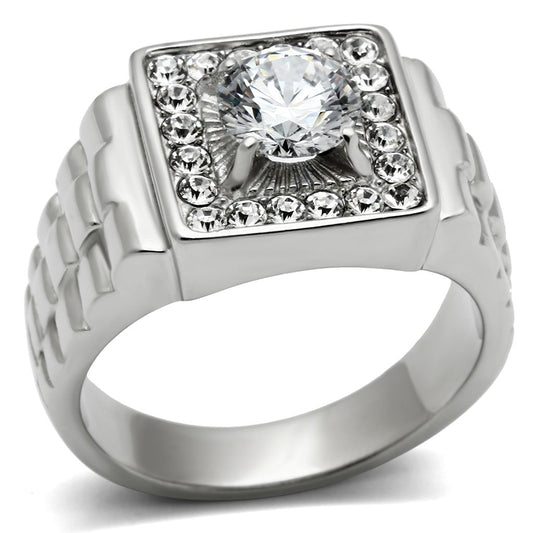TK347 - High polished (no plating) Stainless Steel Ring with AAA Grade CZ  in Clear-0
