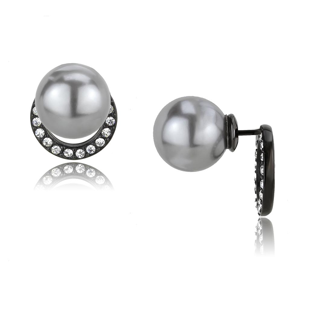 TK3481 - IP Black(Ion Plating) Stainless Steel Earrings with Synthetic Pearl in Light Gray-0