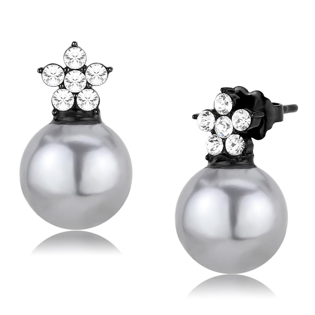TK3482 - IP Black(Ion Plating) Stainless Steel Earrings with Synthetic Pearl in Light Gray-0
