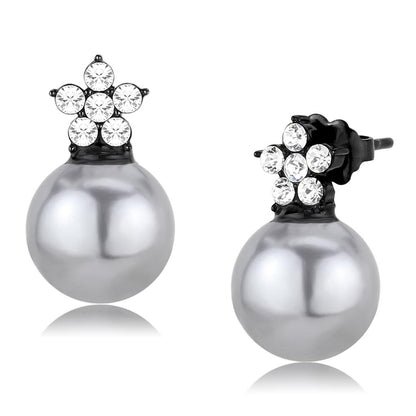 TK3482 - IP Black(Ion Plating) Stainless Steel Earrings with Synthetic Pearl in Light Gray-0
