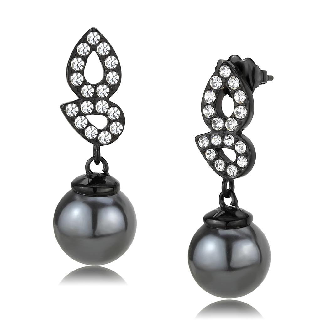 TK3483 - IP Black(Ion Plating) Stainless Steel Earrings with Synthetic Pearl in Gray-0