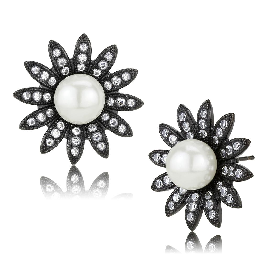 TK3484 - IP Black(Ion Plating) Stainless Steel Earrings with Synthetic Pearl in White-0