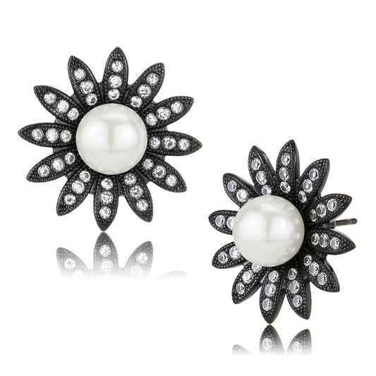 TK3484 - IP Black(Ion Plating) Stainless Steel Earrings with Synthetic Pearl in White-0