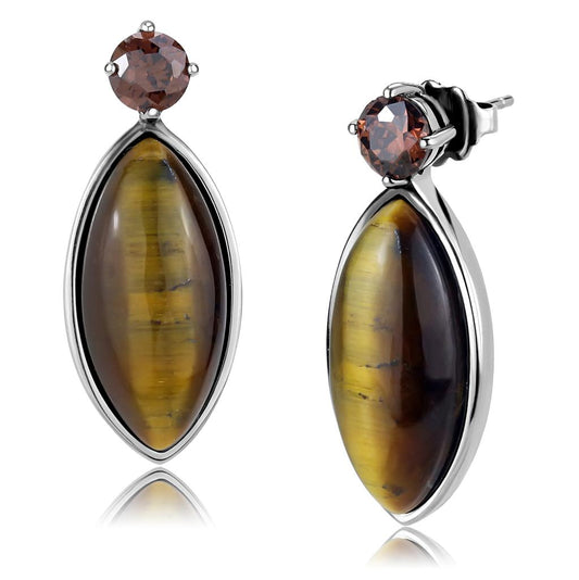 TK3488 - High polished (no plating) Stainless Steel Earrings with Semi-Precious Tiger Eye in Topaz-0