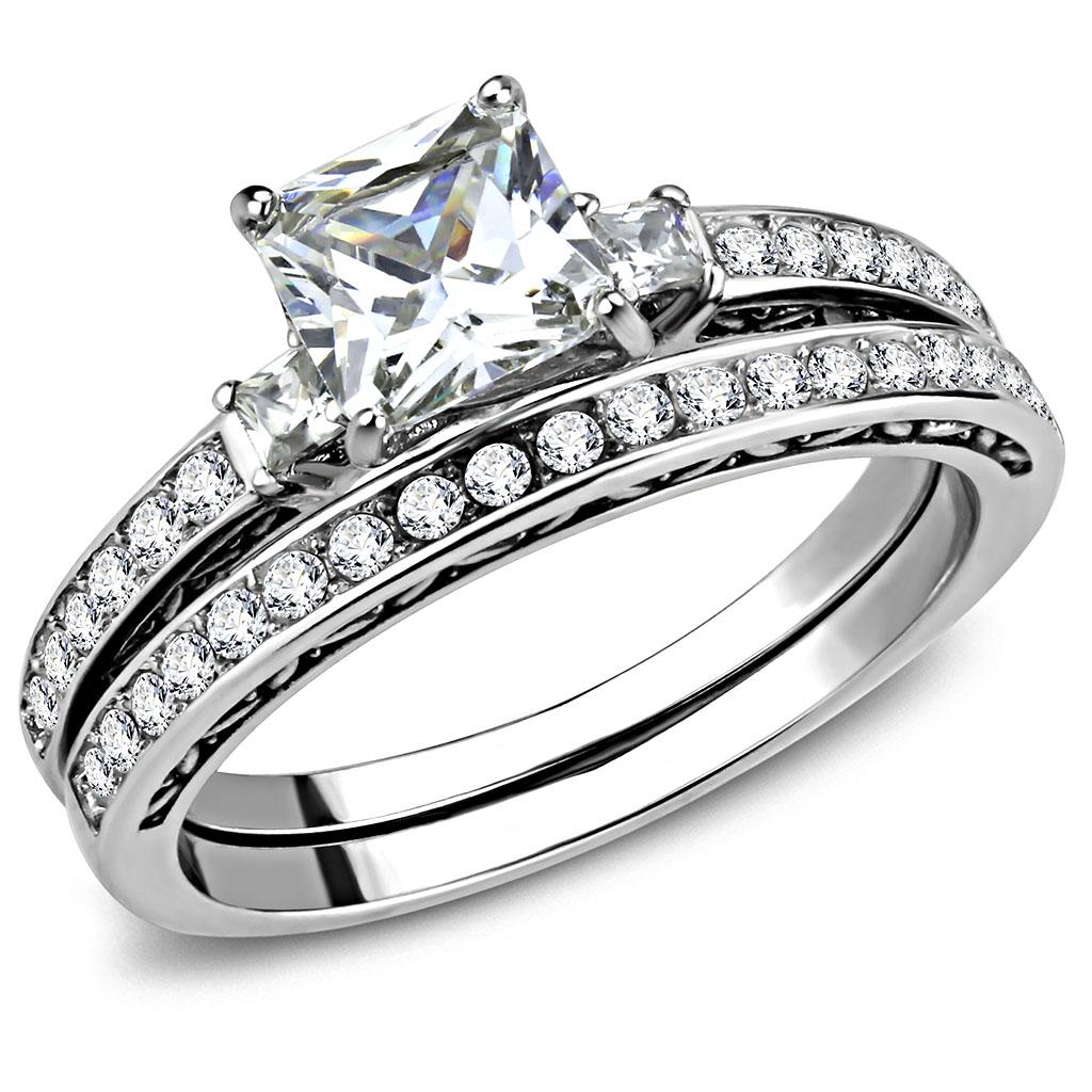 TK3510 - High polished (no plating) Stainless Steel Ring with AAA Grade CZ  in Clear-0