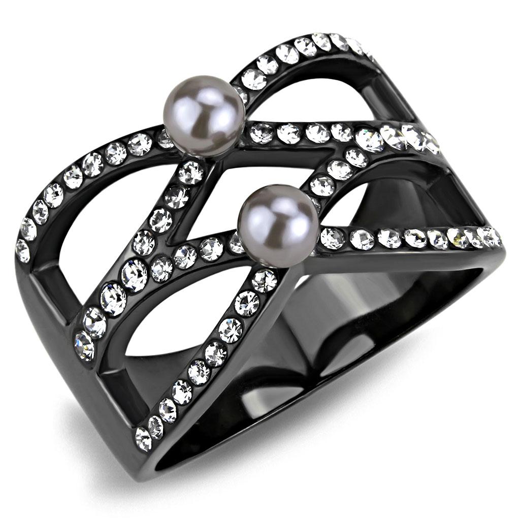 TK3515 - IP Light Black  (IP Gun) Stainless Steel Ring with Synthetic Pearl in Gray-0