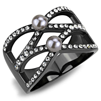 TK3515 - IP Light Black  (IP Gun) Stainless Steel Ring with Synthetic Pearl in Gray-0
