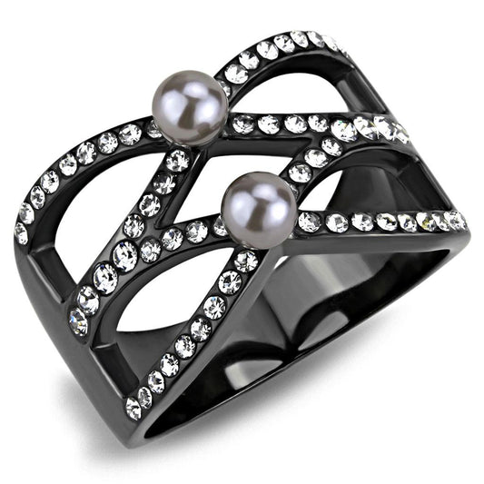 TK3515 - IP Light Black  (IP Gun) Stainless Steel Ring with Synthetic Pearl in Gray-0