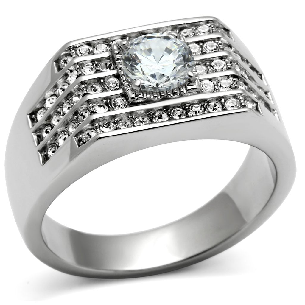 TK351 - High polished (no plating) Stainless Steel Ring with AAA Grade CZ  in Clear-0