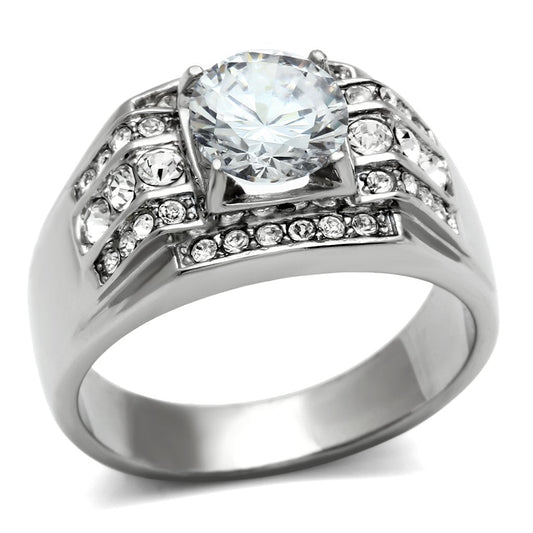 TK352 - High polished (no plating) Stainless Steel Ring with AAA Grade CZ  in Clear-0