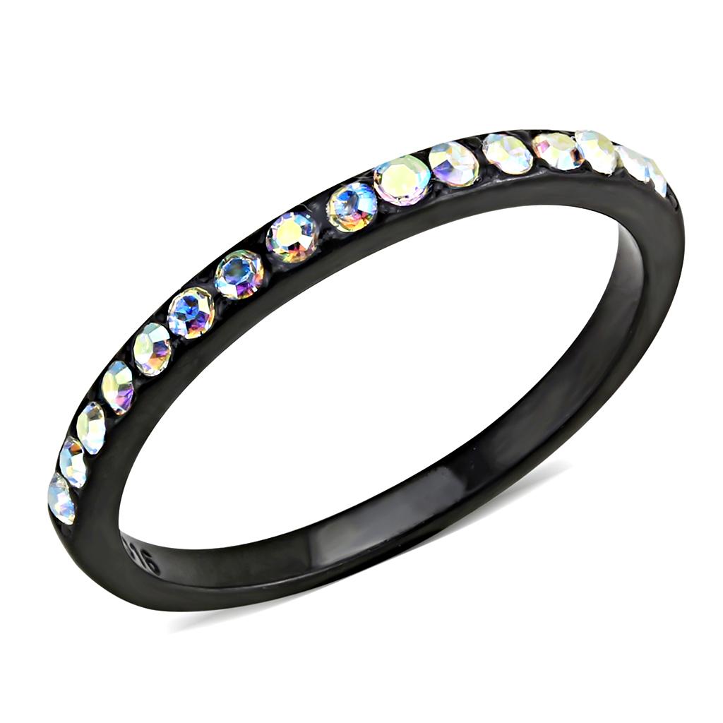 TK3556 - IP Black(Ion Plating) Stainless Steel Ring with Top Grade Crystal  in Aurora Borealis (Rainbow Effect)-0