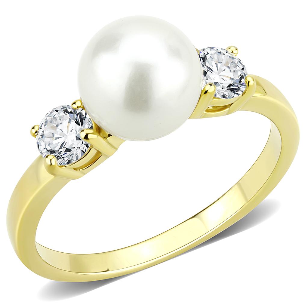 TK3567 - IP Gold(Ion Plating) Stainless Steel Ring with Synthetic Pearl in White-0