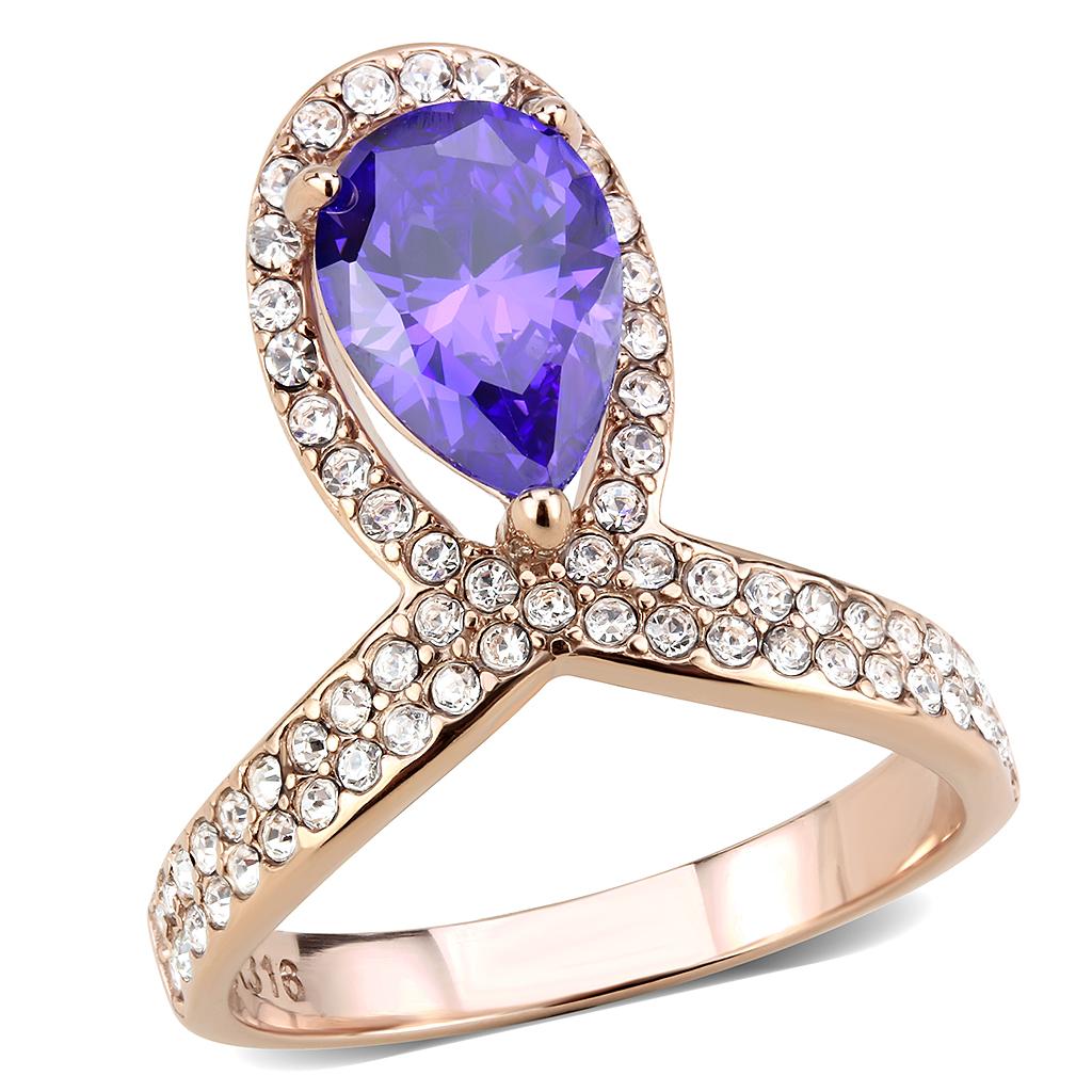 TK3589 - IP Rose Gold(Ion Plating) Stainless Steel Ring with AAA Grade CZ  in Tanzanite-0
