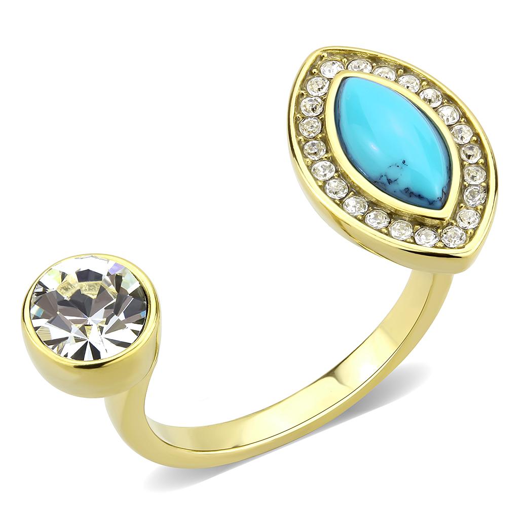 TK3592 - IP Gold(Ion Plating) Stainless Steel Ring with Synthetic Turquoise in Turquoise-0