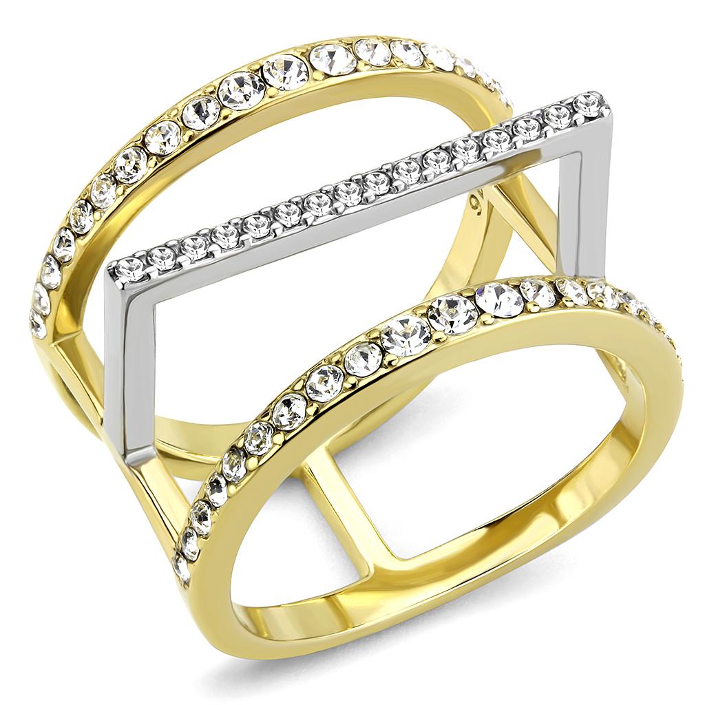 TK3593 - Two-Tone IP Gold (Ion Plating) Stainless Steel Ring with Top Grade Crystal  in Clear-0