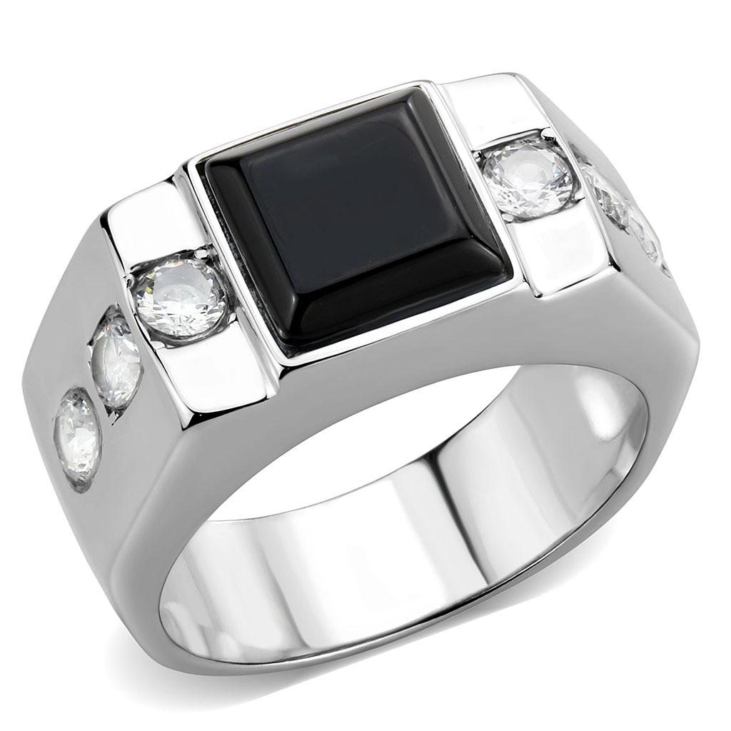 TK3615 - High polished (no plating) Stainless Steel Ring with Synthetic Onyx in Jet-0