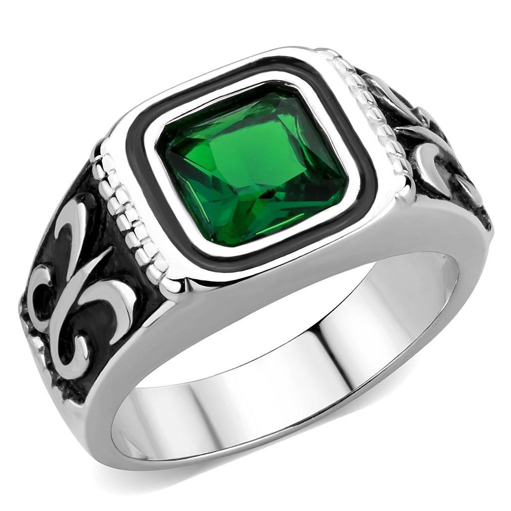 TK3616 - High polished (no plating) Stainless Steel Ring with Synthetic Synthetic Glass in Emerald-0