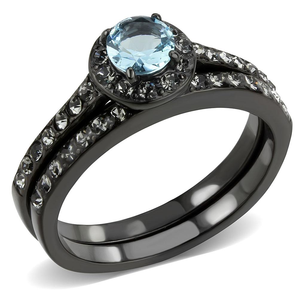 TK3634 - IP Black(Ion Plating) Stainless Steel Ring with Synthetic Synthetic Glass in Sea Blue-0