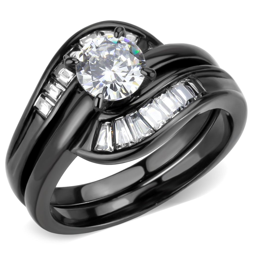 TK3693 - IP Black(Ion Plating) Stainless Steel Ring with AAA Grade CZ  in Clear-0