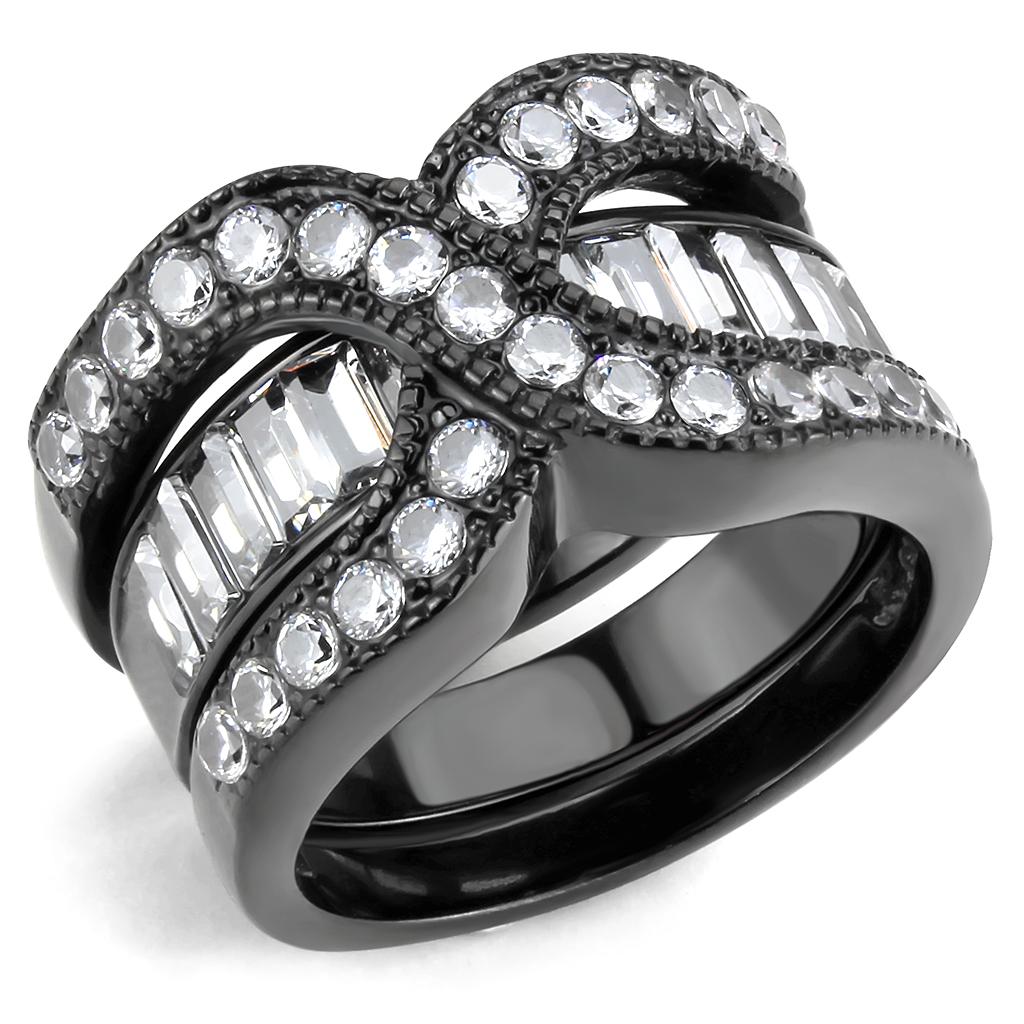 TK3694 - IP Black(Ion Plating) Stainless Steel Ring with AAA Grade CZ  in Clear-0