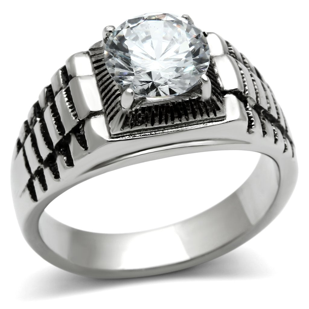 TK485 - High polished (no plating) Stainless Steel Ring with AAA Grade CZ  in Clear-0