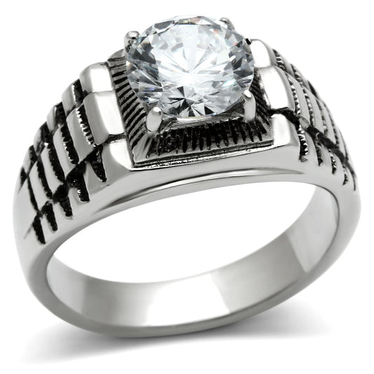 TK485 - High polished (no plating) Stainless Steel Ring with AAA Grade CZ  in Clear-0