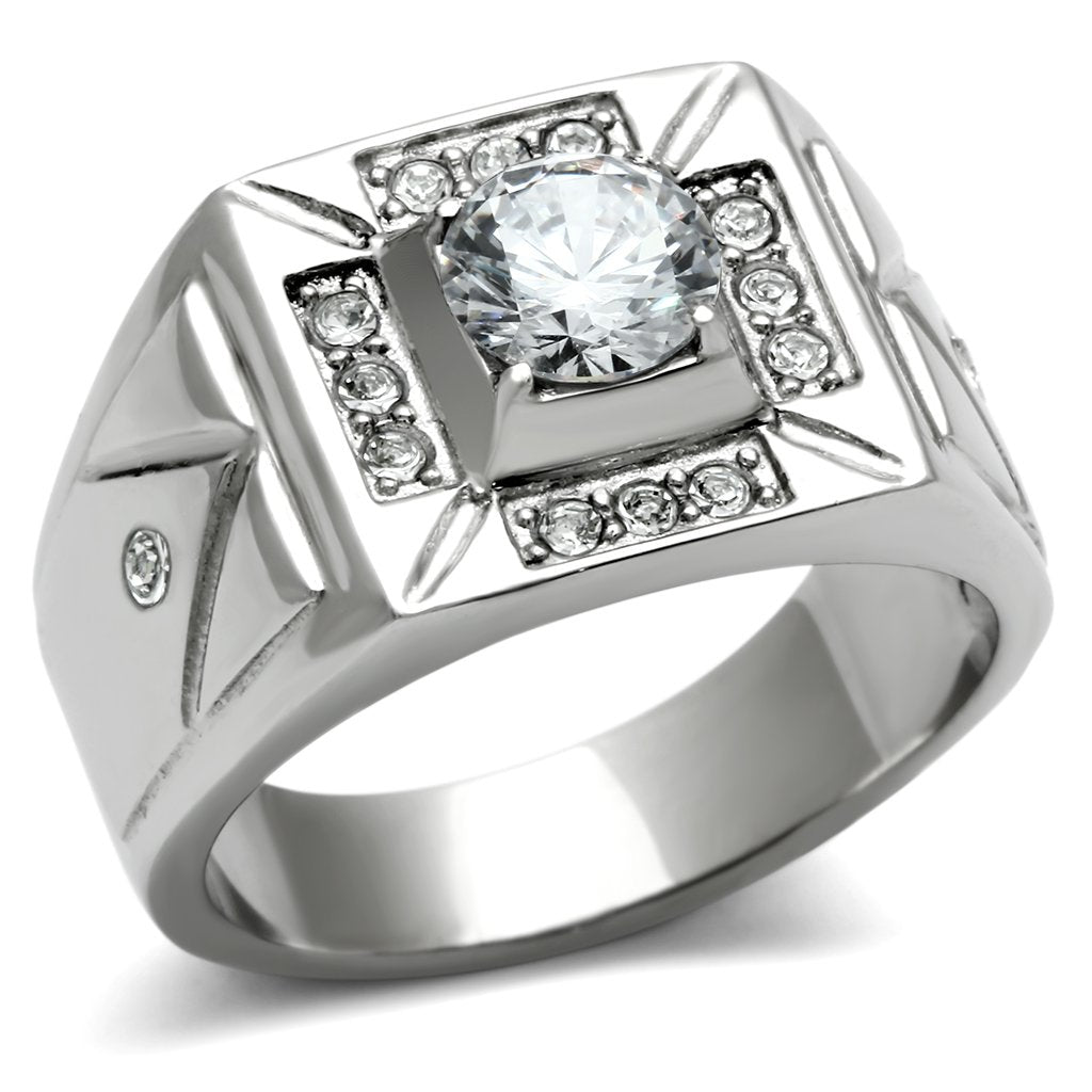 TK486 - High polished (no plating) Stainless Steel Ring with AAA Grade CZ  in Clear-0