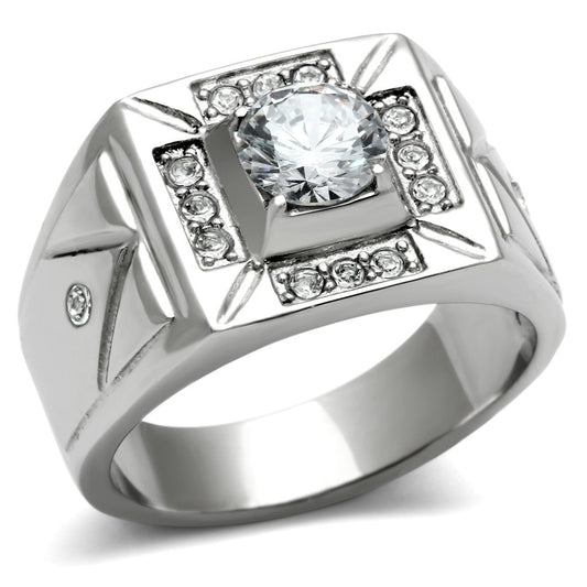 TK486 - High polished (no plating) Stainless Steel Ring with AAA Grade CZ  in Clear-0