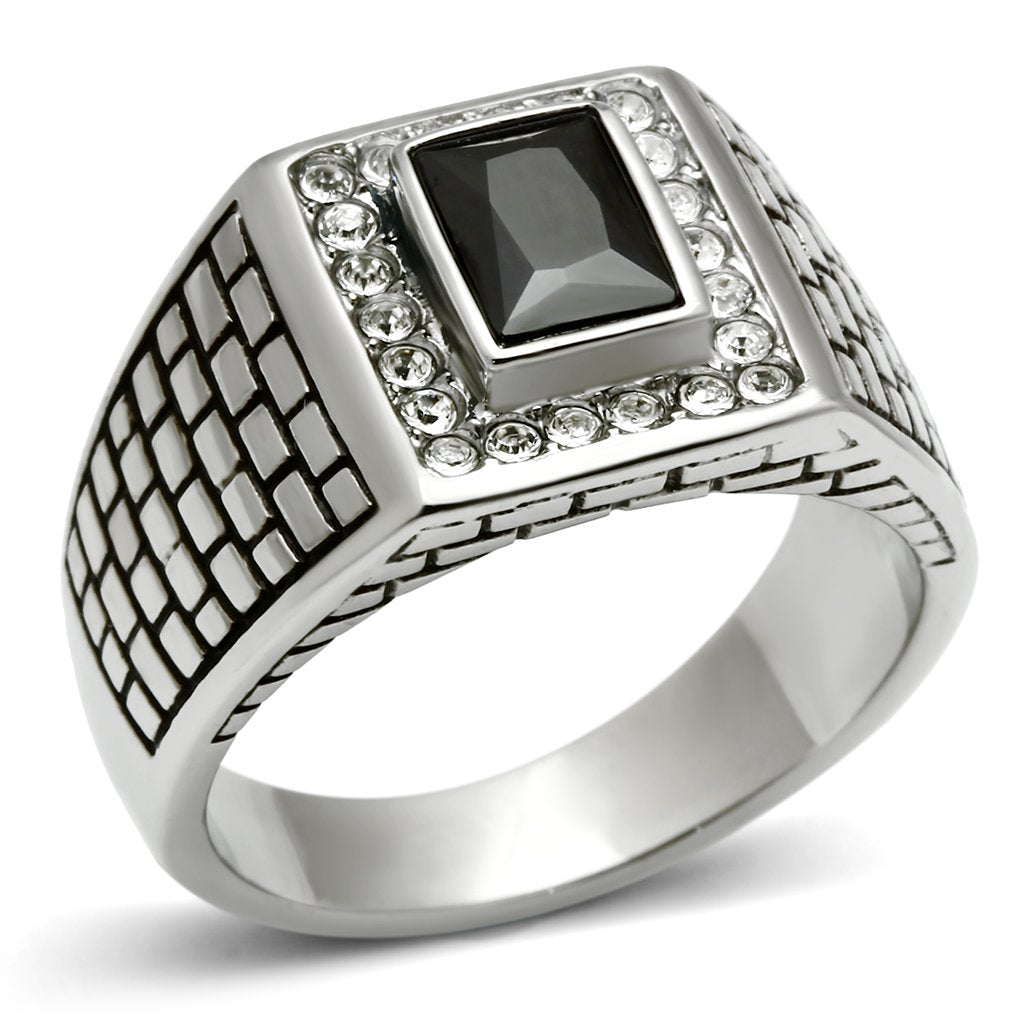 TK494 - High polished (no plating) Stainless Steel Ring with AAA Grade CZ  in Jet-0