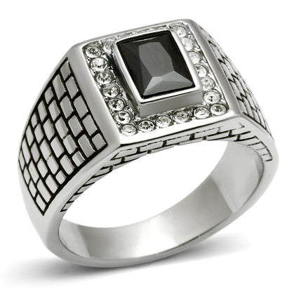 TK494 - High polished (no plating) Stainless Steel Ring with AAA Grade CZ  in Jet-0