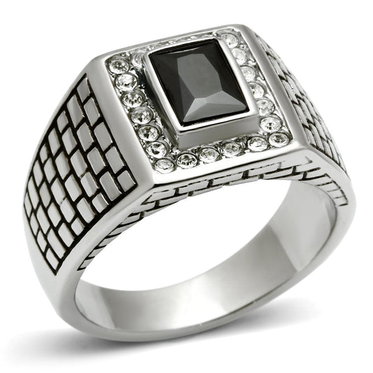 TK494 - High polished (no plating) Stainless Steel Ring with AAA Grade CZ  in Jet-0