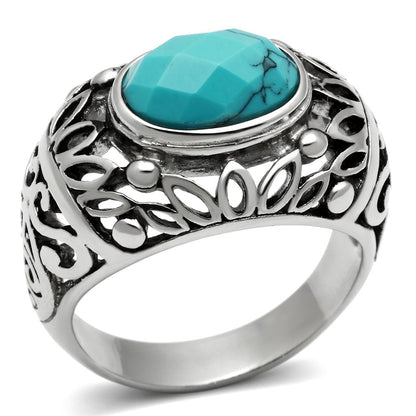 TK498 - High polished (no plating) Stainless Steel Ring with Synthetic Turquoise in Sea Blue-0