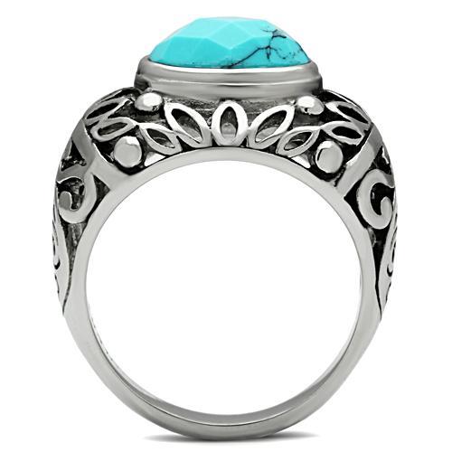 TK498 - High polished (no plating) Stainless Steel Ring with Synthetic Turquoise in Sea Blue-2