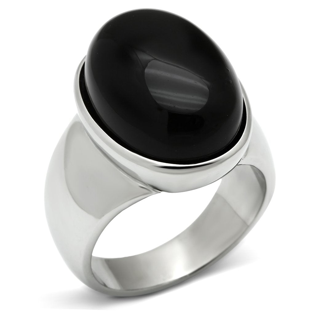 TK501 - High polished (no plating) Stainless Steel Ring with Semi-Precious Onyx in Jet-0