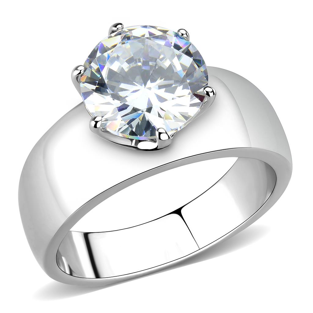 TK52004 - High polished (no plating) Stainless Steel Ring with AAA Grade CZ  in Clear-0