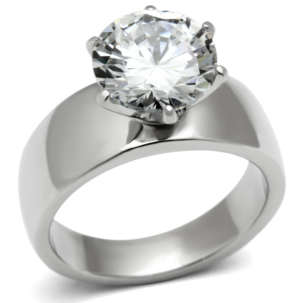 TK520 - High polished (no plating) Stainless Steel Ring with AAA Grade CZ  in Clear-0