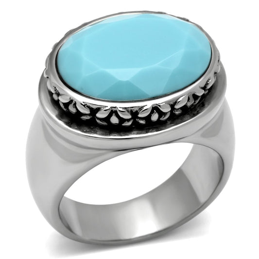 TK525 - High polished (no plating) Stainless Steel Ring with Synthetic Synthetic Glass in Sea Blue-0